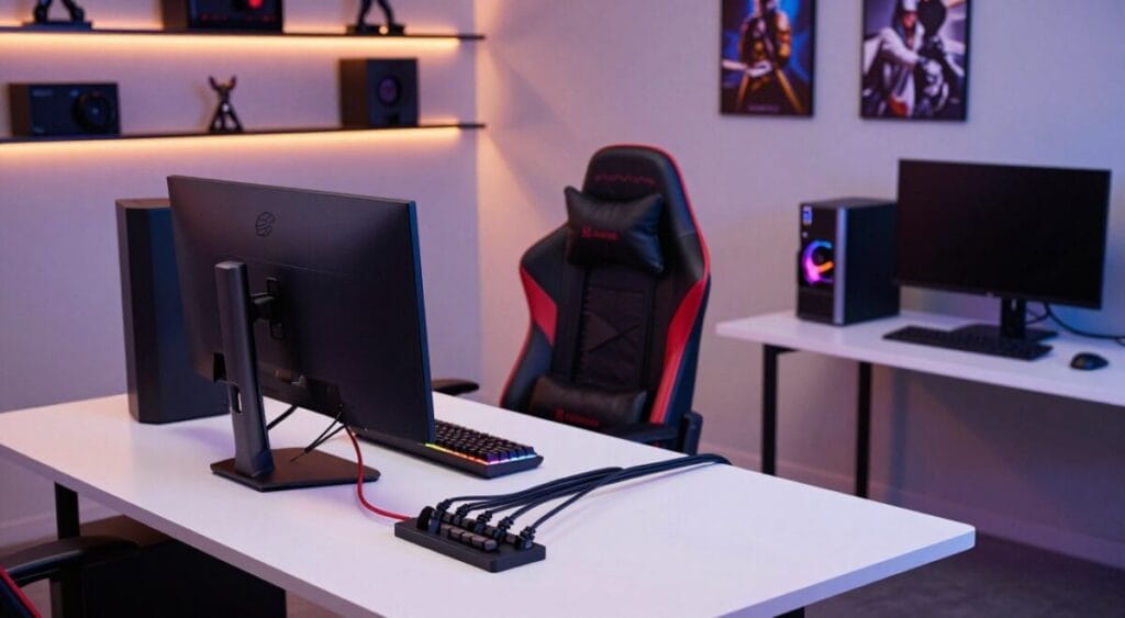 A modern gamer room featuring meticulously organized cable management, showcasing an aesthetically clean and sleek workspace. In the foreground, a stylish gaming desk holds a high-end gaming monitor and a mechanical keyboard with customizable RGB lighting. The cables neatly routed through cable sleeves blend seamlessly with the desk's minimalist design. In the middle, an ergonomic gaming chair complements the vibrant LED strip lighting that outlines the shelves and corners, casting a soft, ambient glow. The background reveals a curated wall of gaming memorabilia, with a focus on simplicity and elegance. The scene is illuminated with soft, diffused lighting to enhance the modern atmosphere, shot from a slightly elevated angle to capture the full layout. The overall mood is one of tranquility and high-tech sophistication, ideal for any gamer seeking a clean aesthetic.