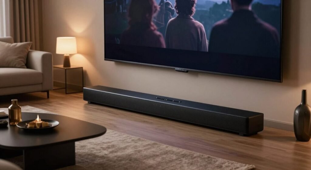 A modern home cinema setup featuring a sleek, stylish soundbar placed beneath a large flat-screen TV, seamlessly blending into a cozy living room environment. In the foreground, the soundbar is designed with a matte black finish and subtle LED indicators, showcasing its high-tech appeal. In the middle ground, a comfortable sofa is positioned for optimal viewing, adorned with soft throw pillows, and a stylish low coffee table with a few decorative items. The background includes dimmed ambient lighting that enhances the cinematic atmosphere, while soft warm light spills from a decorative lamp. The overall mood is inviting and relaxing, perfect for enjoying movies at home. The scene is shot from a slightly elevated angle to emphasize the soundbar’s integration within the space.