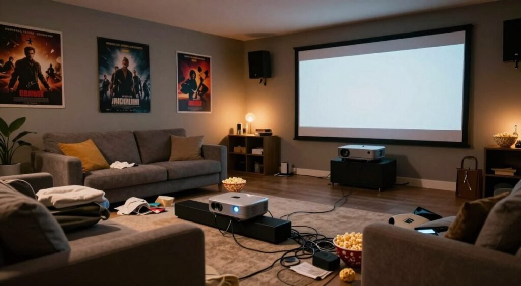 A modern home cinema setup, showcasing common mistakes to avoid when creating a budget-friendly movie experience. In the foreground, a cluttered living room with mismatched furniture, poorly placed soundbar and projector, and tangled cables, illustrating chaos. The middle ground features a comfortable couch facing a slightly misaligned projector casting a distorted image onto a wall. In the background, dim lighting with a few decorative items, such as movie posters and popcorn bowls, adding to the atmosphere. The scene is shot with a wide-angle lens to capture the full mess, with warm ambient light creating a cozy yet chaotic mood. The focus emphasizes the need for careful planning and organization to avoid these pitfalls in home cinema assembly.