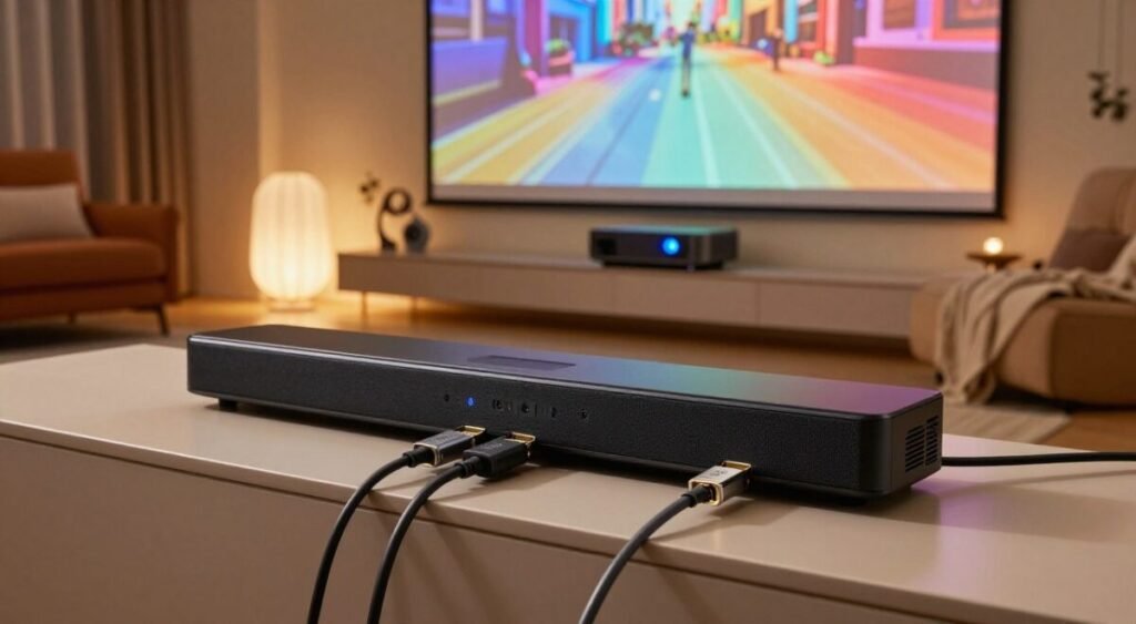 A modern home entertainment setup featuring a sleek soundbar and a projector displaying vivid images on a large screen. In the foreground, focus on high-quality HDMI and Bluetooth connection ports, showcasing clear labels and cables connected seamlessly. The middle ground reveals an elegantly arranged living room with stylish furniture, ambient lighting creating a warm and inviting atmosphere. The background features a projector casting vibrant content, with subtle reflections on the walls. Use soft, diffused lighting to enhance the cozy feel, employing a wide-angle lens to capture the entire setup from a slightly elevated angle, adding depth. Aim for a modern, tech-savvy vibe that emphasizes the importance of connectivity in a contemporary home cinema experience.