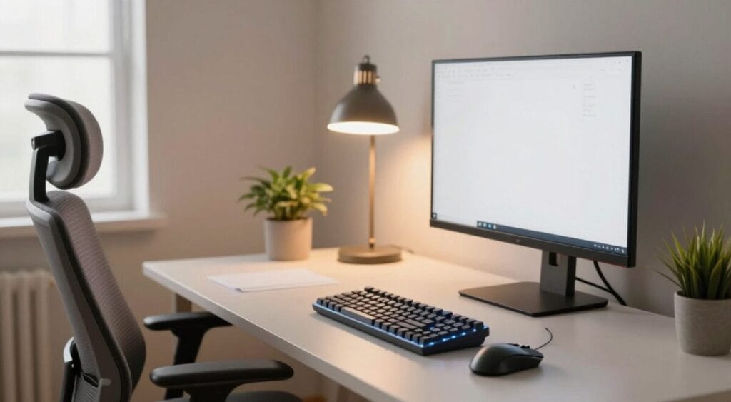 A modern home office environment showcasing a complete productivity setup. In the foreground, a sleek, wireless mouse and a mechanical keyboard with backlit keys rest on a minimalist desk. To the side, an ergonomic stand elevates a high-resolution monitor, featuring a clean and organized desktop. A stylish desk lamp with a warm glow adds a cozy ambiance. In the middle ground, a comfortable, ergonomic chair is positioned, with a small indoor plant adding a touch of nature. The background features soft, neutral-colored walls and a window with soft, natural light filtering in, creating a calm and inviting atmosphere. The scene reflects a focused work environment, perfect for enhancing productivity. A modern home office environment showcasing a complete productivity setup. In the foreground, a sleek, wireless mouse and a mechanical keyboard with backlit keys rest on a minimalist desk. To the side, an ergonomic stand elevates a high-resolution monitor, featuring a clean and organized desktop. A stylish desk lamp with a warm glow adds a cozy ambiance. In the middle ground, a comfortable, ergonomic chair is positioned, with a small indoor plant adding a touch of nature. The background features soft, neutral-colored walls and a window with soft, natural light filtering in, creating a calm and inviting atmosphere. The scene reflects a focused work environment, perfect for enhancing productivity.