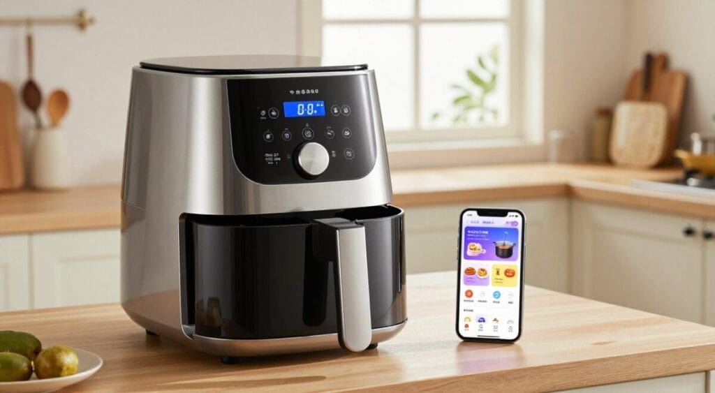 A modern kitchen scene featuring a sleek smart air fryer with a digital temperature control display and a smartphone app interface nearby, showcasing various cooking options. The foreground includes the air fryer in shiny stainless steel, with slight reflections highlighting its design. In the middle, the smartphone displays a colorful app interface with temperature settings and cooking times, conveying a user-friendly experience. The background shows a cozy kitchen environment, with soft, natural light pouring in from a window, illuminated surfaces, and organized kitchenware, creating an inviting atmosphere. The overall mood is innovative and sophisticated, suggesting efficiency and convenience in modern cooking.