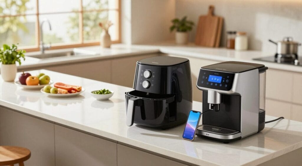 A modern kitchen showcasing smart appliances that emphasize time-saving benefits. In the foreground, a sleek, high-tech air fryer and a stylish coffee maker with digital displays, both connected to a smartphone via Wi-Fi. The middle ground features a clean countertop, with ingredients neatly organized ready for cooking. In the background, large windows let in natural light, casting a warm glow over the kitchen space. The countertops are gleaming, and there's a hint of fresh herbs in a small pot. The overall atmosphere is one of efficiency and comfort, suggesting a seamless blend of technology and home life. The composition should be from a slightly elevated angle, providing an inviting view of this innovative kitchen space.