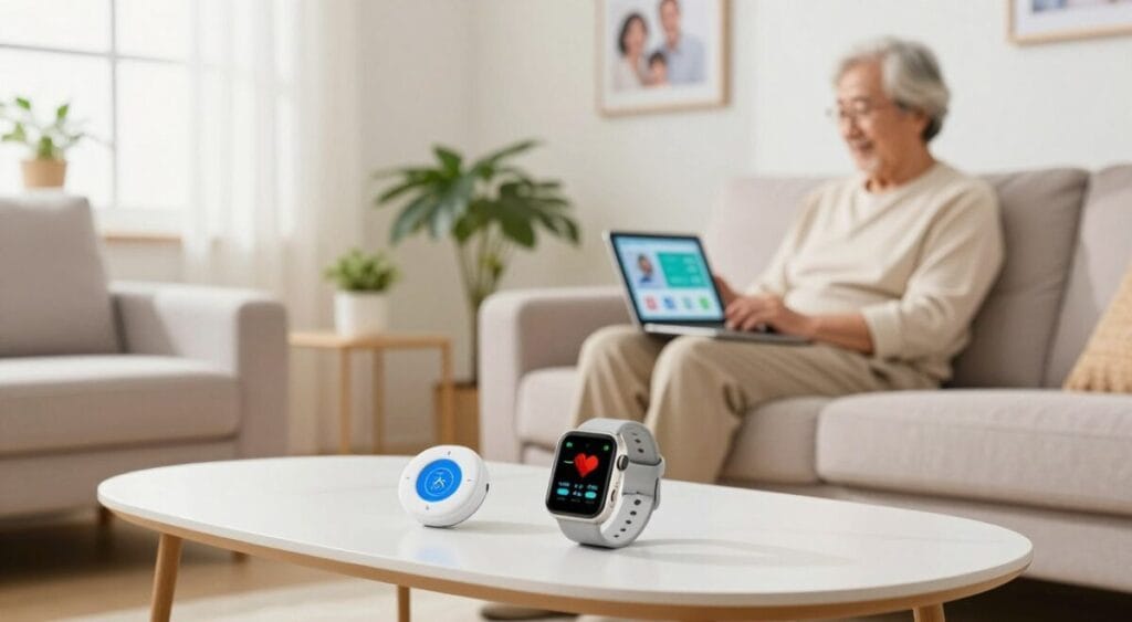 A modern living room designed for elderly individuals, featuring high-tech medical alert devices prominently displayed on a stylish coffee table. In the foreground, a sleek smartwatch displaying heart rate and health alerts is next to a user-friendly medical alert button. The middle ground shows a comfortable armchair where an elderly person, dressed in modest casual clothing, sits with a tablet, looking at health monitoring apps. The background is a bright, cheerful room with soft natural lighting filtering through a window, plants, and family photos on the walls, creating a warm and inviting atmosphere. The mood conveys safety and comfort, emphasizing the integration of technology into daily life for health and security monitoring. A modern living room designed for elderly individuals, featuring high-tech medical alert devices prominently displayed on a stylish coffee table. In the foreground, a sleek smartwatch displaying heart rate and health alerts is next to a user-friendly medical alert button. The middle ground shows a comfortable armchair where an elderly person, dressed in modest casual clothing, sits with a tablet, looking at health monitoring apps. The background is a bright, cheerful room with soft natural lighting filtering through a window, plants, and family photos on the walls, creating a warm and inviting atmosphere. The mood conveys safety and comfort, emphasizing the integration of technology into daily life for health and security monitoring.