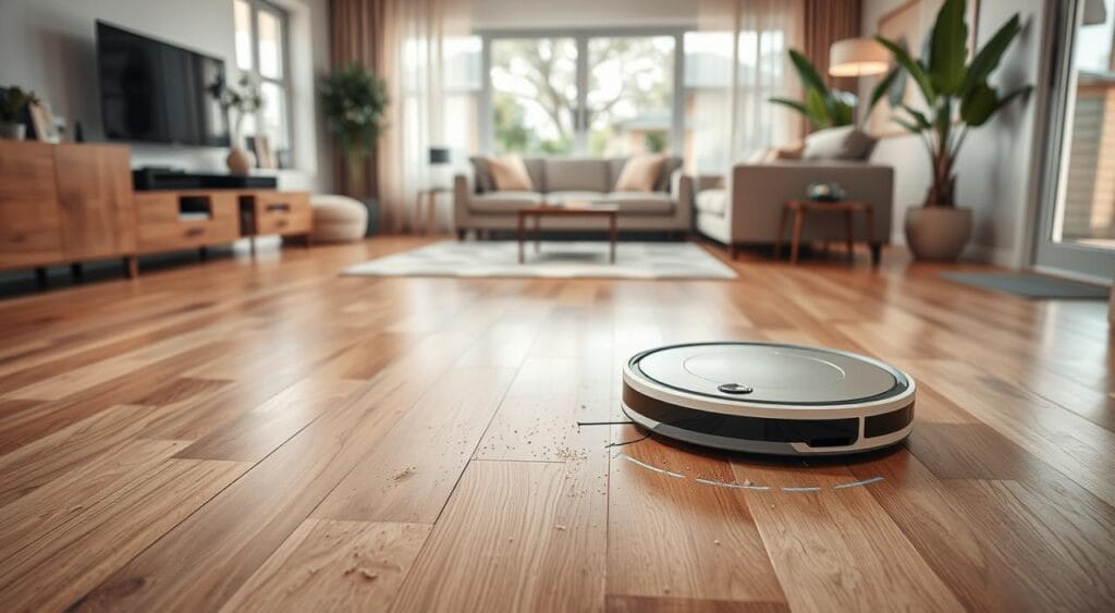 A modern living room featuring a high-tech robotic vacuum cleaner designed for effective suction on various floor types, including hardwood, tile, and carpet. In the foreground, focus on the vacuum cleaner with details highlighting its sleek design and suction power indicator. In the middle, display a polished hardwood floor with scattered dust and debris, illustrating the vacuum’s cleaning ability. In the background, include a cozy atmosphere with inviting furniture, a bright window allowing natural light to flood the space, and a few houseplants to enhance the homely feel. The mood should be clean, efficient, and welcoming, captured with soft, warm lighting that emphasizes the cleanliness of the floor. Use a wide-angle perspective to encapsulate the entire scene.
