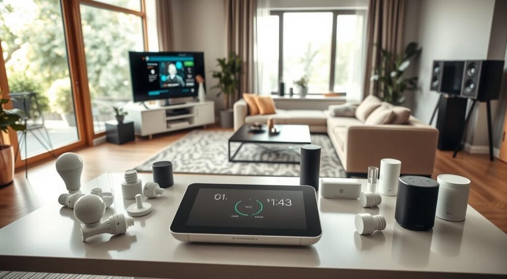A modern living room showcasing a smart home ecosystem. In the foreground, a sleek coffee table with a central smart display device, and around it, various smart home gadgets like light bulbs, security cameras, and smart plugs. In the middle ground, a cozy sofa arranged towards a large flat-screen TV, connected to smart speakers and displaying a digital assistant interface. In the background, large windows letting in soft natural light, with greenery outside, creating a welcoming atmosphere. The room has a contemporary design with neutral colors, with warm lighting enhancing the smart devices' features. Capture an atmosphere of innovation and connectivity, focusing on the integration of technology in everyday life.