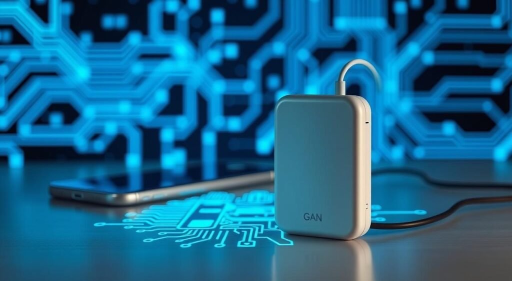 A modern, sleek GaN charger prominently displayed in the foreground, showcasing its compact design with glowing LED indicators to signify power. Surrounding the charger, a smartphone is positioned, emphasizing its compatibility and safety. In the middle ground, a subtle blueprint or schematic of battery technology threads through, illustrating the advanced charging efficiency and heat management of GaN technology. The background features abstract circuitry patterns softly illuminated in cool blue and green tones, creating a high-tech atmosphere that conveys safety and innovation. Soft, even lighting highlights the objects, with a slightly blurred depth of field to draw attention to the charger and phone. The scene evokes a sense of trust and reliability in modern technology.