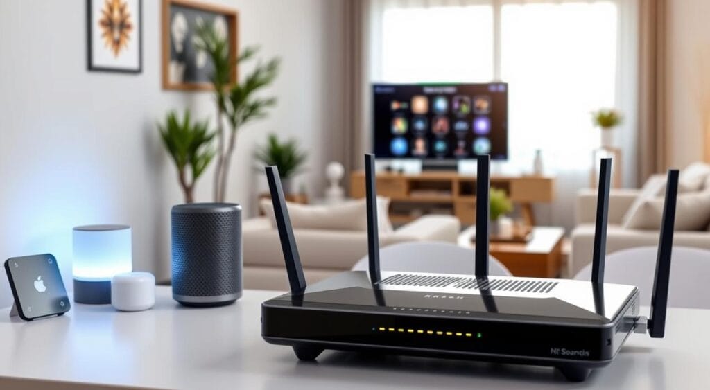 A modern, sleek home environment showcasing a high-quality Wi-Fi setup. In the foreground, a stylish wireless router with glowing LED indicators sits on a minimalist desk, surrounded by smart home devices like a smart speaker and smart lighting controls. In the middle, a cozy living room is visible, with a contemporary sofa, decorative plants, and a TV displaying smart home interface options. The background features a window with natural light streaming in, creating a warm and inviting atmosphere. The scene is well-lit with soft, diffused lighting, emphasizing the cutting-edge technology integrated into everyday living. The mood is welcoming and tech-savvy, illustrating the concept of a smart home effortlessly connected through quality Wi-Fi.