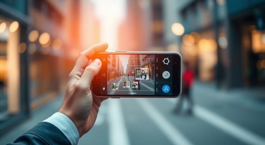 A modern smartphone displaying a dynamic visual search interface on its screen, capturing the essence of intelligent image recognition. In the foreground, the phone is held by a professional, dressed in smart casual attire, emphasizing a user-friendly experience. The middle layer prominently features the smartphone's user interface, showcasing visual search icons and images being scanned by the device's camera. In the background, a vibrant urban setting reflects the integration of technology in daily life, with soft, ambient lighting creating a warm atmosphere. A slight depth of field adds focus to the device, while bokeh effects on lights in the background enhance the modern feel. The overall mood conveys convenience and innovation in everyday tasks. A modern smartphone displaying a dynamic visual search interface on its screen, capturing the essence of intelligent image recognition. In the foreground, the phone is held by a professional, dressed in smart casual attire, emphasizing a user-friendly experience. The middle layer prominently features the smartphone's user interface, showcasing visual search icons and images being scanned by the device's camera. In the background, a vibrant urban setting reflects the integration of technology in daily life, with soft, ambient lighting creating a warm atmosphere. A slight depth of field adds focus to the device, while bokeh effects on lights in the background enhance the modern feel. The overall mood conveys convenience and innovation in everyday tasks.