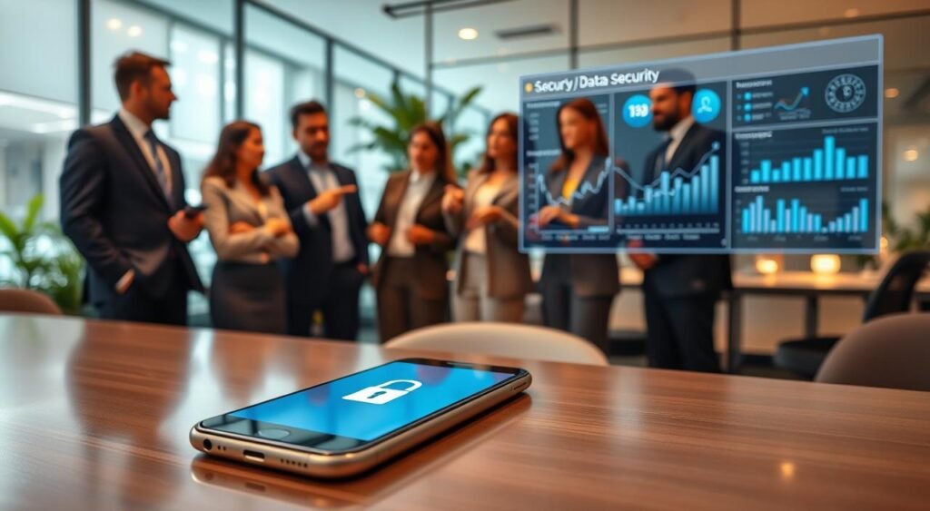 A modern smartphone on a sleek, polished desk, displaying a digital lock symbol on its screen, symbolizing security. In the foreground, a diverse group of professionals dressed in smart business attire is engaged in a discussion, pointing towards the smartphone, demonstrating collaboration on data protection. The middle ground features a high-tech security dashboard displaying graphs and key metrics related to privacy and data safety. In the background, a softly lit office environment with glass walls and greenery creates a calm atmosphere. Use warm, inviting lighting to enhance the sense of confidence and reliability. The angle should be slightly elevated, capturing both the smartphone and the engaged figures clearly, emphasizing the theme of security and technology merging seamlessly. A modern smartphone on a sleek, polished desk, displaying a digital lock symbol on its screen, symbolizing security. In the foreground, a diverse group of professionals dressed in smart business attire is engaged in a discussion, pointing towards the smartphone, demonstrating collaboration on data protection. The middle ground features a high-tech security dashboard displaying graphs and key metrics related to privacy and data safety. In the background, a softly lit office environment with glass walls and greenery creates a calm atmosphere. Use warm, inviting lighting to enhance the sense of confidence and reliability. The angle should be slightly elevated, capturing both the smartphone and the engaged figures clearly, emphasizing the theme of security and technology merging seamlessly.