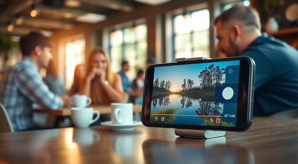 A modern smartphone prominently displayed in the foreground, showcasing a vibrant video playing on its screen, depicting a serene nature scene with reduced noise effects for clear visuals. The middle layer features a soft, blurred background of a well-lit coffee shop where professionals engage in discussions, reflecting productivity and technology use. The lighting is warm and inviting, with sunny rays filtering through the windows, enhancing the atmosphere of innovation and creativity. The smartphone is positioned at a slight angle to capture the details on the screen, while subtle reflections of the busy environment can be seen. The overall mood is upbeat and engaging, highlighting the impact of AI in everyday smartphone use for improved video sharing. A modern smartphone prominently displayed in the foreground, showcasing a vibrant video playing on its screen, depicting a serene nature scene with reduced noise effects for clear visuals. The middle layer features a soft, blurred background of a well-lit coffee shop where professionals engage in discussions, reflecting productivity and technology use. The lighting is warm and inviting, with sunny rays filtering through the windows, enhancing the atmosphere of innovation and creativity. The smartphone is positioned at a slight angle to capture the details on the screen, while subtle reflections of the busy environment can be seen. The overall mood is upbeat and engaging, highlighting the impact of AI in everyday smartphone use for improved video sharing.