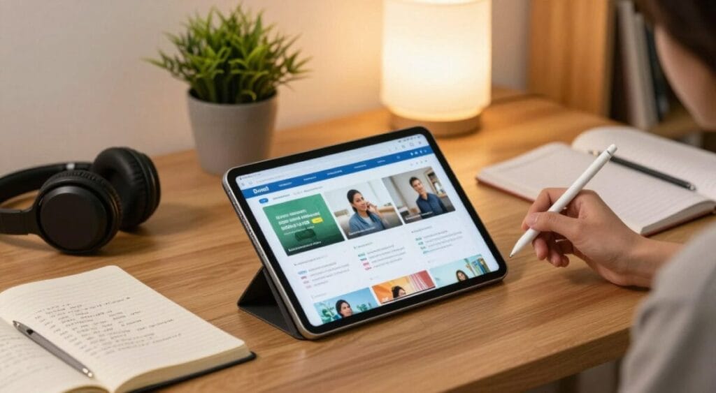 A modern study setup featuring a sleek tablet on a wooden desk, surrounded by digital notes and a stylish stylus for annotations. In the foreground, the tablet displays vibrant educational content, reflecting a user-friendly interface. Nearby, a pair of over-ear headphones rests on an open notebook filled with hand-written notes. The middle ground shows a cozy, well-organized study space with a potted plant and a warm lamp casting soft light. The background hints at a bookshelf, lightly blurred to emphasize the focus on the tablet. The overall mood is productive and inspiring, with warm lighting creating a welcoming atmosphere, perfect for concentrated studying. The image is captured from a slightly elevated angle, showcasing all elements harmoniously arranged.