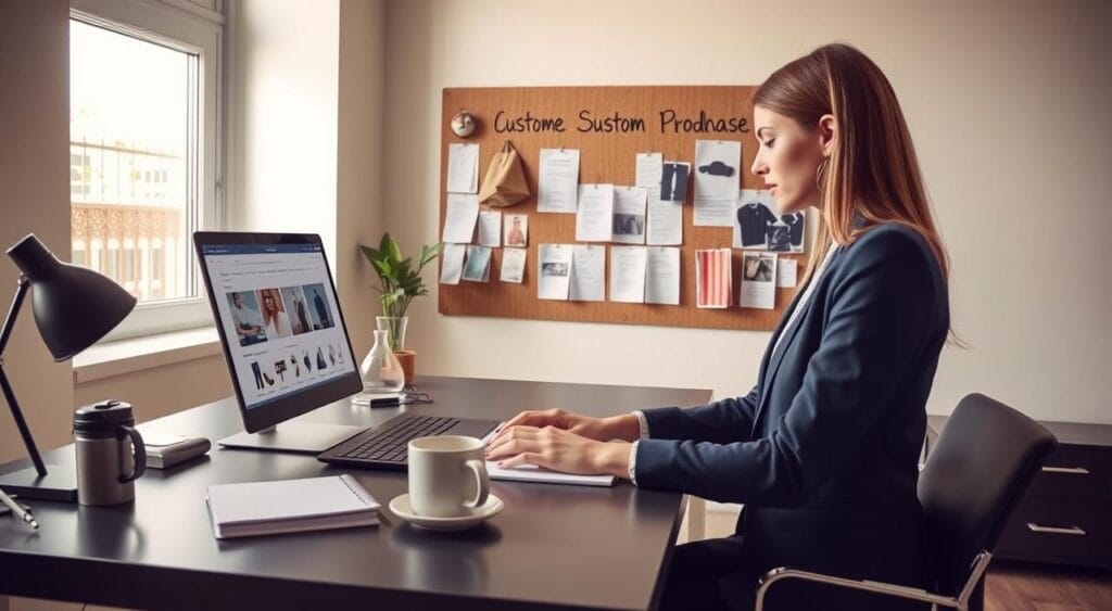 A modern, stylish workspace featuring a sleek desk with a laptop displaying an online shopping portal. In the foreground, a professional-looking person in business attire is typing, focused on researching custom products. Surrounding them are shopping-related items like a notepad, a coffee cup, and samples of materials for custom orders, hinting at the strategy of personalized purchases. The middle ground features a bulletin board with pinned notes on different products available for order outside typical sales periods. A bright, well-lit window in the background lets in natural light, creating an inviting atmosphere. The overall mood conveys a sense of efficiency and calm, encouraging thoughtful buying strategies away from promotional chaos.