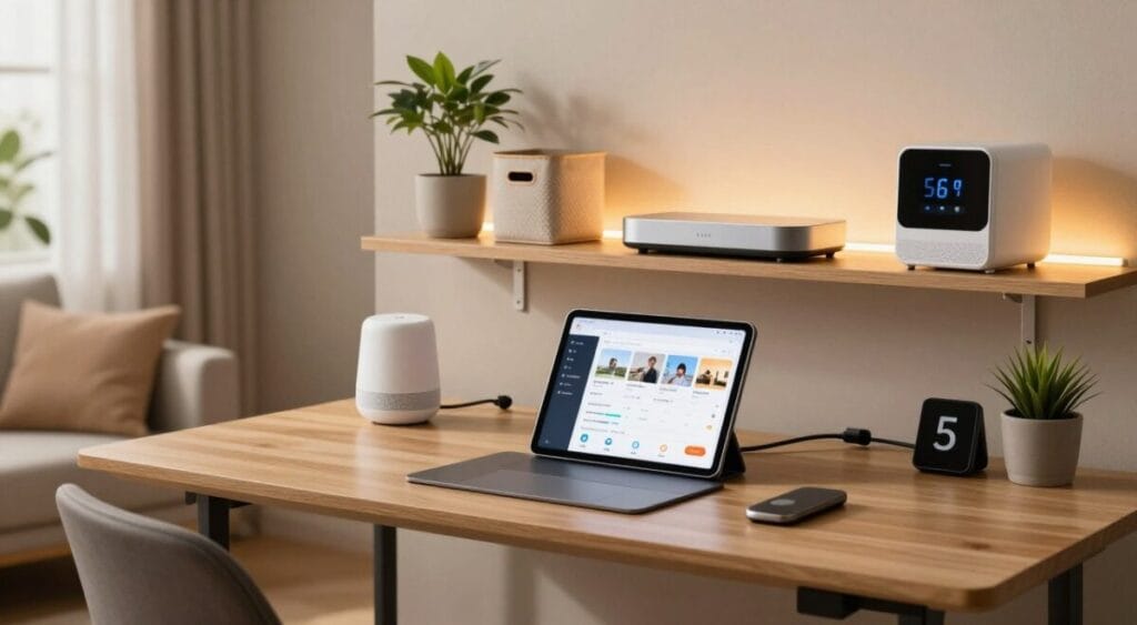 A modern, well-organized home office featuring innovative technology for organization and home management. In the foreground, a sleek, multifunctional desk with built-in cable management and smart devices like a digital assistant and a tablet displaying a home inventory app. The middle ground includes shelves with stylish storage bins and a smart home hub controlling various gadgets. The background showcases a tidy living space with plants and ambient lighting from smart LED fixtures. Warm, soft light filters through the window, creating a cozy atmosphere. The overall mood is serene and productive, highlighting the blend of technology and organization in a contemporary home setting.
