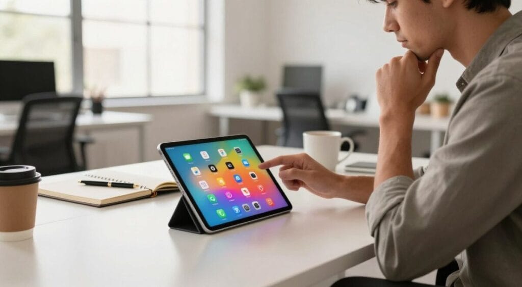 A modern workspace featuring a sleek tablet on a minimalist desk, surrounded by office essentials like a notebook, pen, and a coffee mug, all suggesting productivity and mobility. In the foreground, the tablet displays a colorful app interface, showcasing its functionality. The middle layer features a professional individual in smart casual attire, engaged in using the tablet, their expression focused and thoughtful. The background is a bright, airy office environment with large windows allowing natural light to flood the space, creating a warm and inviting atmosphere. Use a wide-angle lens effect to capture depth, and ensure the lighting is soft yet vibrant, highlighting the tablet's screen and the individual's engagement with it. A modern workspace featuring a sleek tablet on a minimalist desk, surrounded by office essentials like a notebook, pen, and a coffee mug, all suggesting productivity and mobility. In the foreground, the tablet displays a colorful app interface, showcasing its functionality. The middle layer features a professional individual in smart casual attire, engaged in using the tablet, their expression focused and thoughtful. The background is a bright, airy office environment with large windows allowing natural light to flood the space, creating a warm and inviting atmosphere. Use a wide-angle lens effect to capture depth, and ensure the lighting is soft yet vibrant, highlighting the tablet's screen and the individual's engagement with it.