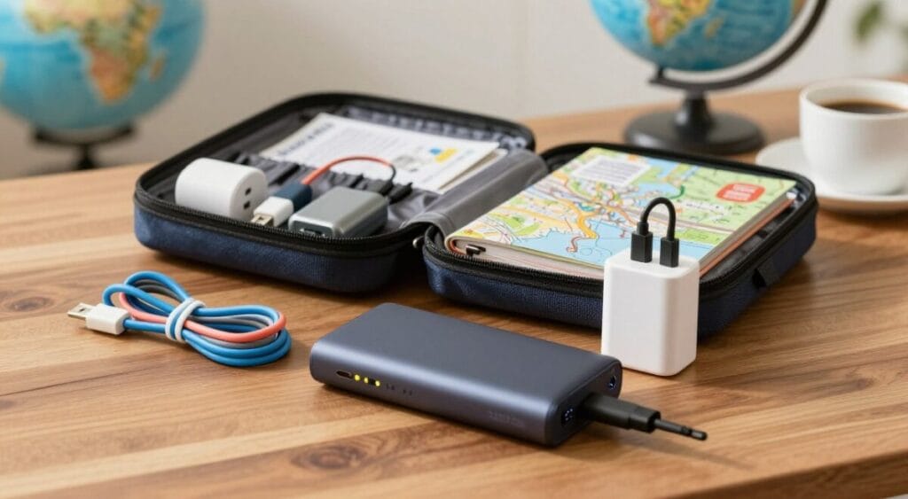 A neatly organized electronic travel survival kit, featuring an array of power banks, universal adapters, charging cables, and a portable Wi-Fi hotspot, all displayed on a wooden table. In the foreground, focus on a sleek, modern power bank with LED indicators beside colorful USB cables and an all-in-one international travel adapter. In the middle, include a compact bag that holds the charging devices with a map and travel journal, hinting at a traveler's journey. The background shows a soft-lit travel setting with hints of a globe and a coffee cup, creating a warm and inviting atmosphere. Use natural lighting to emphasize the materials and colors, with a slight depth of field to keep the focus on the kit's components. A neatly organized electronic travel survival kit, featuring an array of power banks, universal adapters, charging cables, and a portable Wi-Fi hotspot, all displayed on a wooden table. In the foreground, focus on a sleek, modern power bank with LED indicators beside colorful USB cables and an all-in-one international travel adapter. In the middle, include a compact bag that holds the charging devices with a map and travel journal, hinting at a traveler's journey. The background shows a soft-lit travel setting with hints of a globe and a coffee cup, creating a warm and inviting atmosphere. Use natural lighting to emphasize the materials and colors, with a slight depth of field to keep the focus on the kit's components.