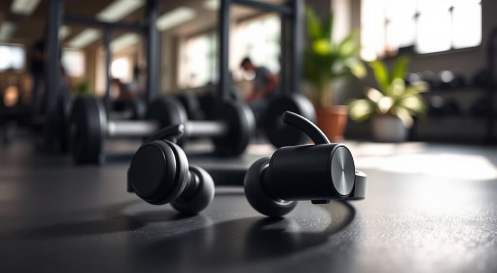 A pair of Bluetooth headphones designed for workouts, prominently displayed in the foreground. The headphones are sleek and modern, with a matte finish and soft ear cushions, showcasing features like stability and sweat resistance. The middle ground features a blurred image of a gym environment, with weights and exercise equipment subtly in view to reinforce the athletic theme. Soft, natural lighting illuminates the scene, casting gentle shadows that enhance the textures of the headphones. In the background, hints of greenery from indoor plants create a lively yet focused atmosphere. The angle is slightly elevated, giving a dynamic perspective, suggesting action and energy in a workout setting. The overall mood is motivating and energetic, reflecting the essence of fitness.