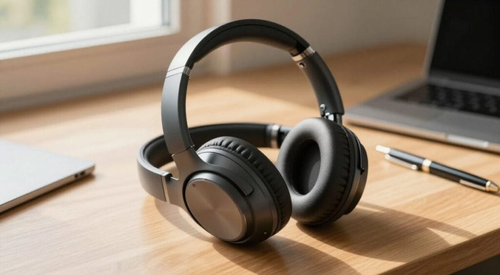 A pair of sleek, modern noise-canceling headphones prominently displayed in the foreground, showcasing their high-quality materials and innovative design with soft padding and polished finishes. The background features a cozy study environment, including a wooden desk with a tablet and a stylish pen nearby, hinting at a productive atmosphere. Natural light filters through a nearby window, casting a warm glow across the scene, enhancing the focus on the headphones. The overall mood is serene and inspiring, evoking a sense of concentration and productivity, perfect for students. The angle captures the headphones from a slight above perspective, emphasizing their ergonomic contours while keeping the focus on their purpose of creating an ideal study environment.