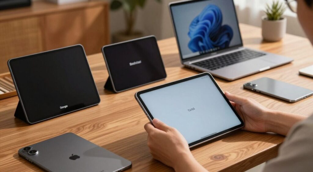 A polished workspace featuring a variety of Chinese tablets displayed on a sleek wooden desk. In the foreground, a close-up of a person’s hand holding a tablet, examining its features, while the background showcases other tablets like Doogee, Blackview, and Teclast, each with distinct designs. The lighting is warm and inviting, with soft shadows creating a welcoming atmosphere. A stylish laptop can be seen in the middle ground, complementing the technology theme. The scene is well-composed, emphasizing clarity and detail, with a slight depth of field to keep focus on the tablet being held. The overall mood is professional yet approachable, appealing to tech-savvy consumers.