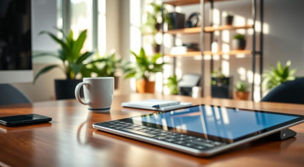 A professional and inviting workspace featuring a tablet transformed into a work station. In the foreground, a sleek tablet lies on a polished wooden desk, accompanied by a high-quality stylus and a compact keyboard. In the middle ground, a stylish coffee mug and a notepad with a pen enhance the workstation's functionality. In the background, a blurred shelving unit displays tech accessories, like headphones and chargers, creating an organized vibe. Natural daylight streams in through a nearby window, casting soft shadows and illuminating the scene, while potted plants add a touch of greenery. The atmosphere should be focused, modern, and conducive to productivity, reflecting a safe and efficient buying environment for technology in Brazil.