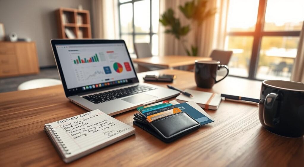 A professional business setting featuring a well-organized workspace focused on the theme of smart payment strategies. In the foreground, a modern laptop with an open screen displaying financial apps and charts. Beside it, a sleek wallet displaying multiple credit cards, emphasizing various loyalty programs and rewards. In the middle ground, a tasteful notepad with written notes on budgeting and savings during sales events, along with a stylish coffee cup. The background includes a softly lit office with a large window allowing natural light to pour in, illuminating the space. The mood is optimistic and professional, ideal for planning financial decisions. The camera angle is slightly overhead, creating a sense of depth and perspective while maintaining clarity of all elements.