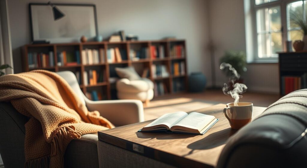 A serene home setting that emphasizes focus and immersion in reading. In the foreground, a stylish, modern reading nook featuring a plush armchair with a warm throw blanket, a coffee table holding an open Kindle and a steaming cup of tea. The middle ground showcases a large window allowing soft, natural light to fill the space, casting gentle shadows. In the background, a bookshelf neatly arranged with books of varying colors. The atmosphere is calming and inviting, ideal for deep concentration. Utilize a soft focus lens effect to highlight the reading nook, while maintaining a cozy and quiet ambiance. The overall mood should convey tranquility and the joy of immersive reading.