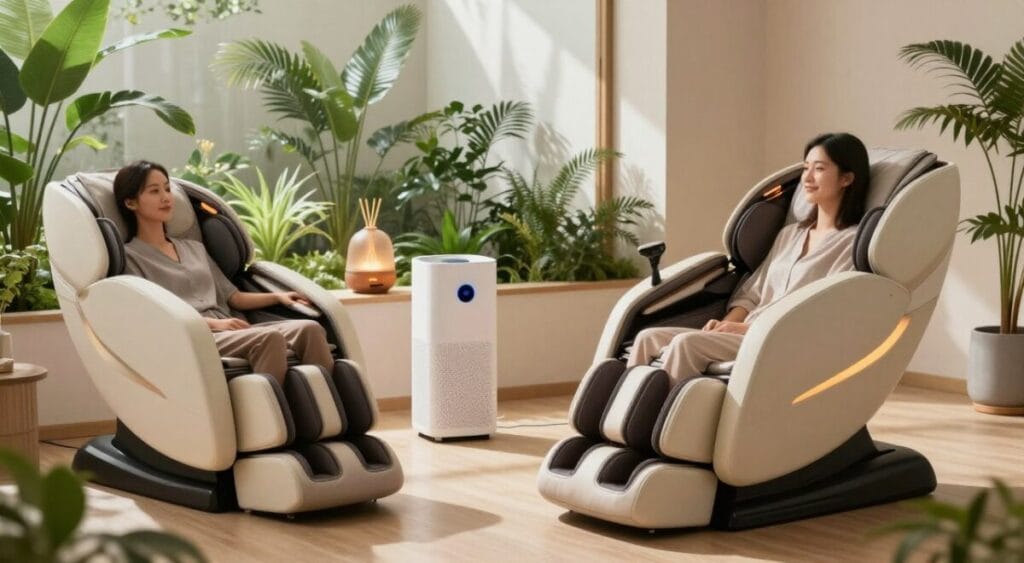 A serene living space showcasing modern technology designed for health and relaxation. In the foreground, a sleek, ergonomic massage chair with integrated speakers and ambient lighting, inviting comfort. In the middle, a compact air purifier and a smart diffuser emitting calming essential oils, with soft, warm light illuminating the setup. The background features a minimalist indoor garden with green plants, promoting a tranquil atmosphere. Natural light streams in through a large window, casting gentle shadows. The overall mood is peaceful and rejuvenating, emphasizing wellness and tranquility. Professional individuals in modest casual clothing can be seen enjoying the space, embodying relaxation and well-being. The scene is harmonious and captures the essence of tech advancements in personal wellness.
