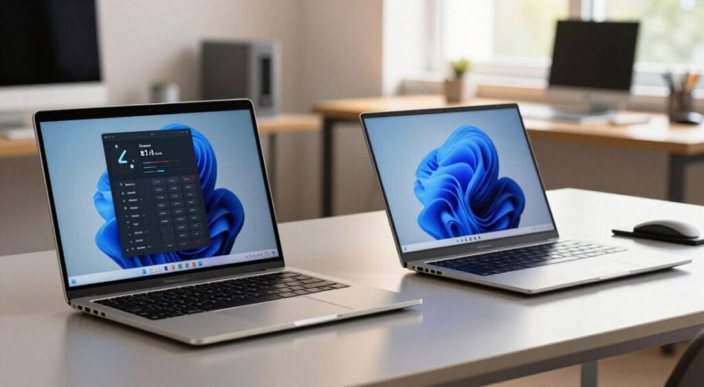 A side-by-side comparison of a sleek MacBook Air M1 and a stylish Windows laptop, both displayed on a modern desk. The foreground features the laptops, their screens on with vibrant graphics showing specifications and features. The middle layer includes subtle reflections on the desk surface, enhancing the polished look. In the background, a blurred tech-themed workspace is visible, with soft natural light filtering through a window, creating a warm and inviting atmosphere. The angle emphasizes both laptops equally, highlighting their design and build quality. The mood is professional yet engaging, aimed at a tech-savvy audience evaluating performance and aesthetics. A side-by-side comparison of a sleek MacBook Air M1 and a stylish Windows laptop, both displayed on a modern desk. The foreground features the laptops, their screens on with vibrant graphics showing specifications and features. The middle layer includes subtle reflections on the desk surface, enhancing the polished look. In the background, a blurred tech-themed workspace is visible, with soft natural light filtering through a window, creating a warm and inviting atmosphere. The angle emphasizes both laptops equally, highlighting their design and build quality. The mood is professional yet engaging, aimed at a tech-savvy audience evaluating performance and aesthetics.