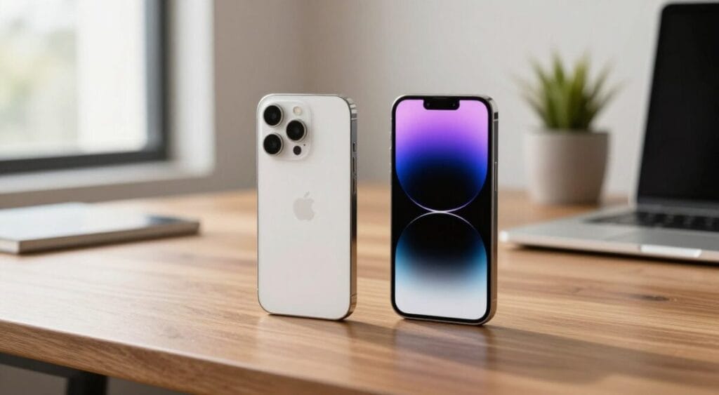 A side-by-side comparison of the iPhone 13 and iPhone 14, displayed against a sleek, modern workspace background. In the foreground, the two smartphones rest on an elegant wooden desk, with the iPhone 13 on the left and the iPhone 14 on the right, angled slightly towards the viewer for better visibility of their screens. Soft, natural light pours in from a nearby window, creating a warm and inviting atmosphere. In the middle ground, blurred hints of office elements like a laptop, and a stylish plant add context without drawing attention from the main subject. The image captures the sleek design and color variations of both models, showcasing their key features while maintaining a professional tone suitable for a tech comparison article.