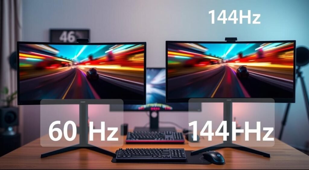 A side-by-side comparison of two computer monitors, one displaying a 60Hz refresh rate and the other a 144Hz refresh rate. In the foreground, showcase the monitors with clear visibility of their specs and screens, with vibrant colors and sharp details illustrating a gaming scene on the 144Hz monitor, featuring fluid motion and action, while the 60Hz monitor displays more motion blur. In the middle ground, include a sleek gaming desk setup with a modern keyboard and mouse, emphasizing a tidy workspace. The background should be softly blurred, showing a cozy room environment with ambient lighting that exudes a focused yet relaxed atmosphere. Use a slight overhead angle to capture both monitors effectively without distortion. Ideal lighting should highlight the monitors' displays and their vibrant colors.
