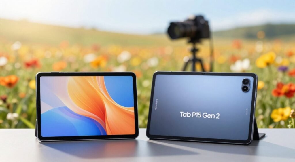 A side-by-side comparison of two tablets, the Samsung Galaxy Tab A9+ and Lenovo Tab P11 Gen 2, displayed on a sleek surface. In the foreground, showcase the back camera lenses and features of each tablet in sharp detail, highlighting their photographic capabilities. The middle ground should include a vibrant, blurred landscape that illustrates a photography scenario, with colorful flowers and dynamic lighting effects that suggest a sunny day. In the background, gently out of focus, include subtle bokeh effects to create depth and warmth. Use natural, soft lighting that enhances the colors and textures, conveying a professional atmosphere suitable for a technology review. Emphasize sleek design elements of the tablets to attract tech-savvy viewers.