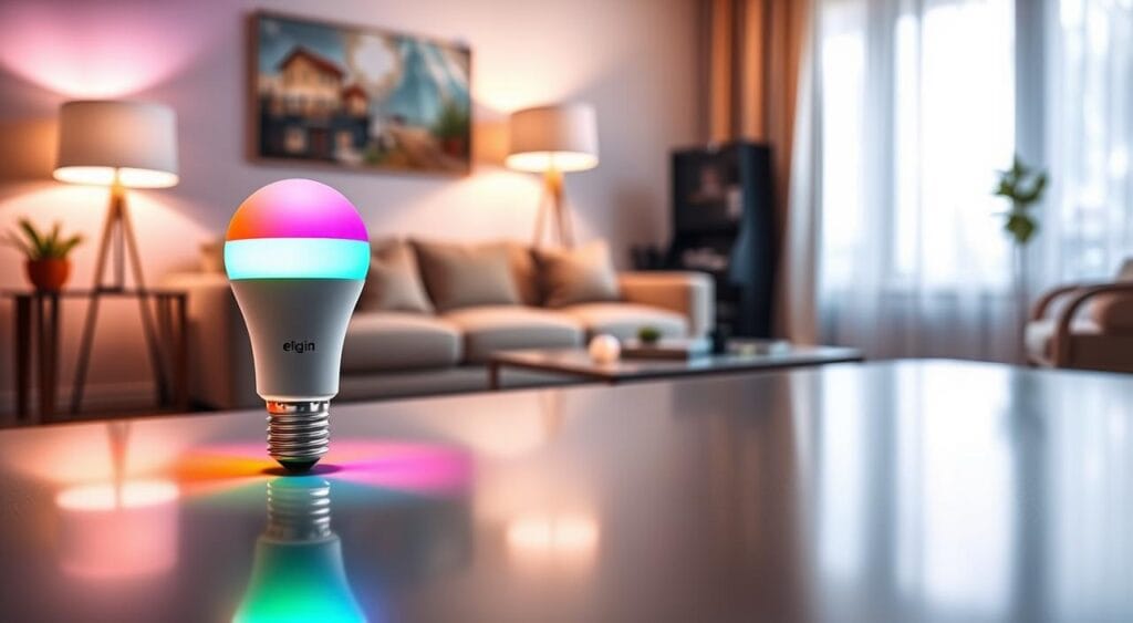 A sleek Elgin Smart Color light bulb glowing vibrantly in RGB hues, prominently displayed in the foreground, showcasing its modern design. The bulb is partially illuminated, casting colorful light onto a smooth, reflective surface below, highlighting its bright, eye-catching colors. In the middle ground, a stylish, contemporary lamp stand enhances the scene, subtly integrating the bulb into an elegantly arranged home setting. In the background, a cozy, softly lit living room with tasteful furniture creates a warm and inviting atmosphere, emphasizing the practicality and aesthetics of smart lighting. The overall image should convey a sense of innovation and accessibility, with a bright and cheerful mood, captured in natural, balanced lighting to enhance the colors of the smart bulb. A sleek Elgin Smart Color light bulb glowing vibrantly in RGB hues, prominently displayed in the foreground, showcasing its modern design. The bulb is partially illuminated, casting colorful light onto a smooth, reflective surface below, highlighting its bright, eye-catching colors. In the middle ground, a stylish, contemporary lamp stand enhances the scene, subtly integrating the bulb into an elegantly arranged home setting. In the background, a cozy, softly lit living room with tasteful furniture creates a warm and inviting atmosphere, emphasizing the practicality and aesthetics of smart lighting. The overall image should convey a sense of innovation and accessibility, with a bright and cheerful mood, captured in natural, balanced lighting to enhance the colors of the smart bulb.