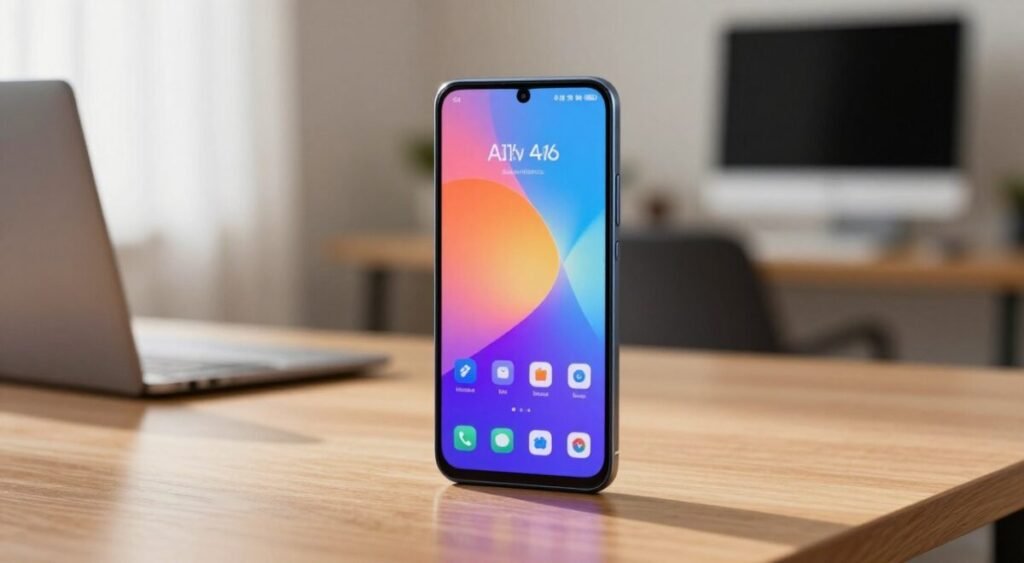 A sleek Samsung Galaxy A16 4G smartphone with a vibrant Super AMOLED display, prominently featured in the foreground, showcasing its stunning colors and fluid interface. The device is placed on a minimalistic wooden table, with soft natural light illuminating it from the left, creating a warm, inviting atmosphere. In the middle ground, blurred hints of a tech-savvy environment can be seen, such as a modern workspace with subtle hints of gadgets. In the background, soft bokeh effects evoke a cozy home or office setting. The overall mood is one of affordability and advanced technology, emphasizing the smartphone's value as a budget-friendly option without compromising on quality.