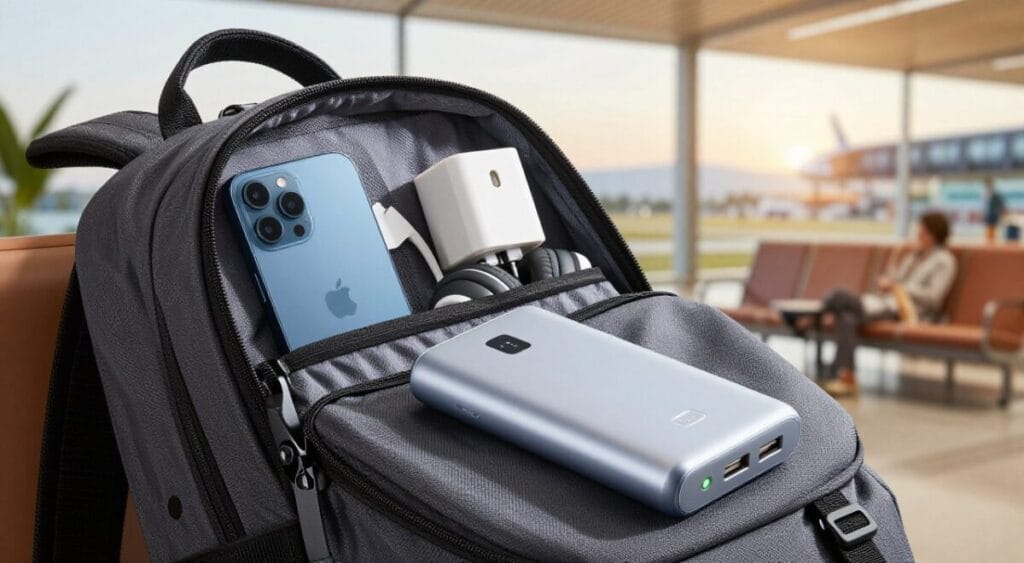 A sleek and compact portable power bank designed for travelers, prominently displayed in the foreground. The device features a modern, minimalist design with USB ports and an LED charge indicator. In the middle ground, there’s a stylish backpack open to reveal travel essentials like a smartphone, travel adapter, and a pair of headphones, illustrating a digital nomad's lifestyle. The background showcases a soft-focus outdoor travel scene, such as an airport lounge or a scenic landscape, with warm, inviting lighting that evokes a sense of adventure and exploration. The composition is captured from a slightly elevated angle, creating a balanced and dynamic view. The overall mood is practical yet aspirational, emphasizing the importance of staying connected while traveling. A sleek and compact portable power bank designed for travelers, prominently displayed in the foreground. The device features a modern, minimalist design with USB ports and an LED charge indicator. In the middle ground, there’s a stylish backpack open to reveal travel essentials like a smartphone, travel adapter, and a pair of headphones, illustrating a digital nomad's lifestyle. The background showcases a soft-focus outdoor travel scene, such as an airport lounge or a scenic landscape, with warm, inviting lighting that evokes a sense of adventure and exploration. The composition is captured from a slightly elevated angle, creating a balanced and dynamic view. The overall mood is practical yet aspirational, emphasizing the importance of staying connected while traveling.