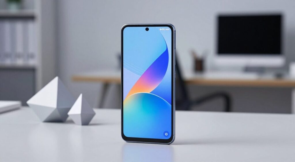 A sleek and modern Samsung Galaxy A smartphone displayed prominently in the foreground, showcasing its refined design with a vibrant display and streamlined edges. The phone should be positioned on a clean, minimalist surface, subtly reflecting light. In the middle ground, softly blurred geometric shapes represent technology and innovation, creating a sense of modernity. In the background, a softly lit, elegant workspace with a cool color palette enhances the overall atmosphere, suggesting a professional and tech-savvy environment. The lighting should be bright yet soft, highlighting the phone's features without harsh shadows. Capture the essence of accessibility and style, perfect for budget-conscious consumers in 2026.