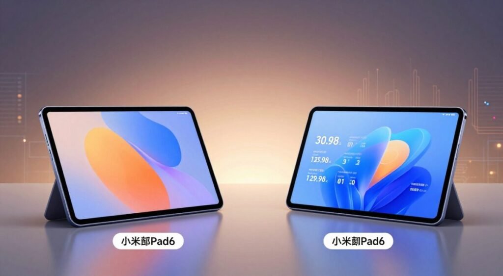 A sleek and modern illustration showcasing a comparison between the performance and price of the Xiaomi Pad 6. In the foreground, display two Xiaomi Pad 6 tablets side by side on a clean, polished surface, each with distinct labels indicating performance metrics and pricing. In the middle ground, include a subtle gradient background with abstract tech-inspired designs, representing data and connectivity. Soft, ambient lighting highlights the tablets, casting gentle reflections on the surface. The perspective should be a slightly elevated angle, ensuring both tablets are prominently visible. The atmosphere is professional and informative, evoking a sense of modern technology and consumer choice. This image should be visually engaging, focusing solely on the comparison aspect without any text or additional distractions.