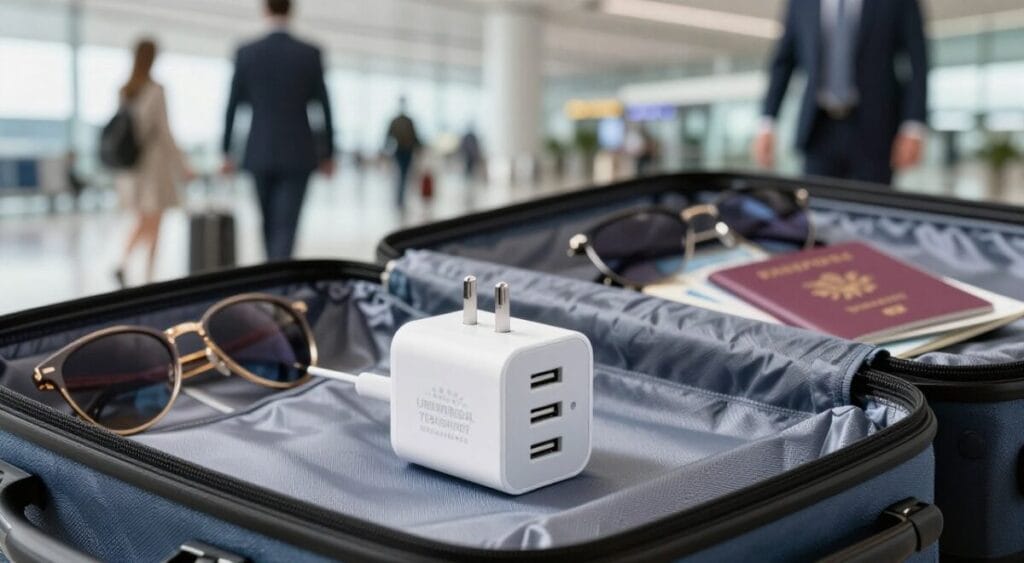 A sleek and modern universal travel adapter prominently displayed in the foreground, showcasing its multiple plug options and USB ports. The device is illuminated with soft, natural lighting to highlight its compact design and functionality. In the middle ground, depict a neatly packed travel bag partially open, with a passport and a pair of sunglasses peeking out, evoking a sense of wanderlust. The background features a blurred airport scene with people in professional attire, emphasizing the travel theme. The overall mood is bright and optimistic, capturing the essence of global connectivity and convenience in travel. The composition focuses on the adapter as an essential tool for digital nomads, seamlessly merging practicality with the allure of adventure. A sleek and modern universal travel adapter prominently displayed in the foreground, showcasing its multiple plug options and USB ports. The device is illuminated with soft, natural lighting to highlight its compact design and functionality. In the middle ground, depict a neatly packed travel bag partially open, with a passport and a pair of sunglasses peeking out, evoking a sense of wanderlust. The background features a blurred airport scene with people in professional attire, emphasizing the travel theme. The overall mood is bright and optimistic, capturing the essence of global connectivity and convenience in travel. The composition focuses on the adapter as an essential tool for digital nomads, seamlessly merging practicality with the allure of adventure.