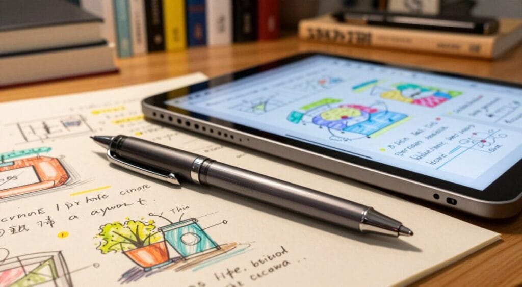 A sleek digital pen resting on a modern tablet, surrounded by vibrant sketches and digital notes that showcase its versatility and capabilities. In the foreground, the pen's glossy surface reflects light, highlighting its ergonomic design and advanced technology. The middle ground features the tablet displaying an array of colorful diagrams and handwritten annotations, emphasizing the integration of traditional note-taking with digital tools. In the background, a softly lit study space filled with books and a cozy ambiance, creating an atmosphere of focused learning. The scene is lightly illuminated with warm lighting, adding a touch of inspiration and creativity, while the camera angle captures the pen and tablet from a slightly elevated perspective to draw the viewer into the experience.