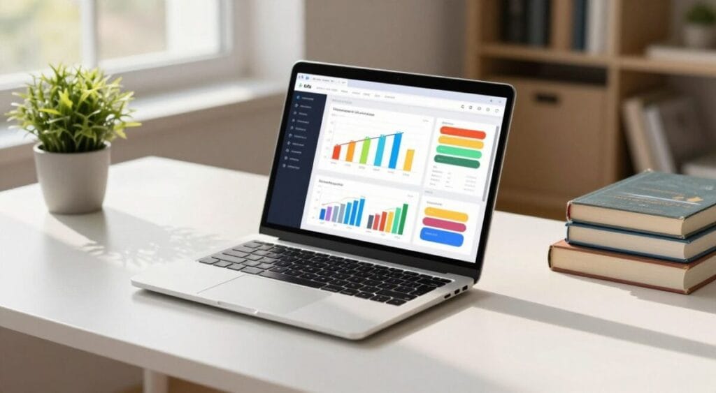 A sleek, high-resolution laptop with a vivid display is positioned on a clean, minimalist desk. The screen showcases a vibrant academic dashboard filled with colorful graphs and text, emphasizing clarity and detail. To the left, there's a potted plant adding a touch of nature, while the right side features a neatly arranged stack of textbooks. The background is softly blurred, showing a well-lit study room with warm, ambient lighting and a large window filtering in natural sunlight. The overall mood conveys a serene and organized study environment, ideal for students. The perspective is slightly tilted from above, focusing on the laptop, while the use of soft shadows enhances the three-dimensional feel of the scene. A sleek, high-resolution laptop with a vivid display is positioned on a clean, minimalist desk. The screen showcases a vibrant academic dashboard filled with colorful graphs and text, emphasizing clarity and detail. To the left, there's a potted plant adding a touch of nature, while the right side features a neatly arranged stack of textbooks. The background is softly blurred, showing a well-lit study room with warm, ambient lighting and a large window filtering in natural sunlight. The overall mood conveys a serene and organized study environment, ideal for students. The perspective is slightly tilted from above, focusing on the laptop, while the use of soft shadows enhances the three-dimensional feel of the scene.