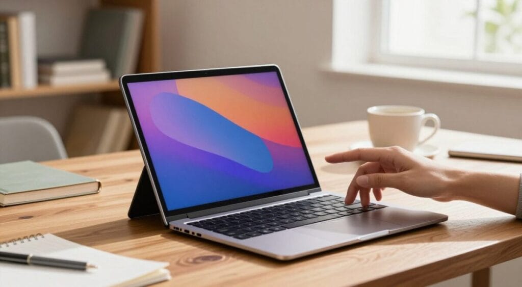 A sleek, modern 2-in-1 notebook positioned at an angle on a wooden desk, showcasing its detachable touchscreen. The device features a thin profile, metallic finish, and vibrant display. In the foreground, a hand touches the screen, demonstrating its interactive capabilities. The middle ground includes a stylish coffee cup and scattered notes, suggesting a productive workspace. In the background, softly blurred shelves filled with books and office supplies create an organized atmosphere. Warm, natural light streams in through a nearby window, adding a cozy yet professional ambiance. The scene conveys innovation, versatility, and the seamless integration of technology in everyday life, ideally suited for users of both tablets and PCs.