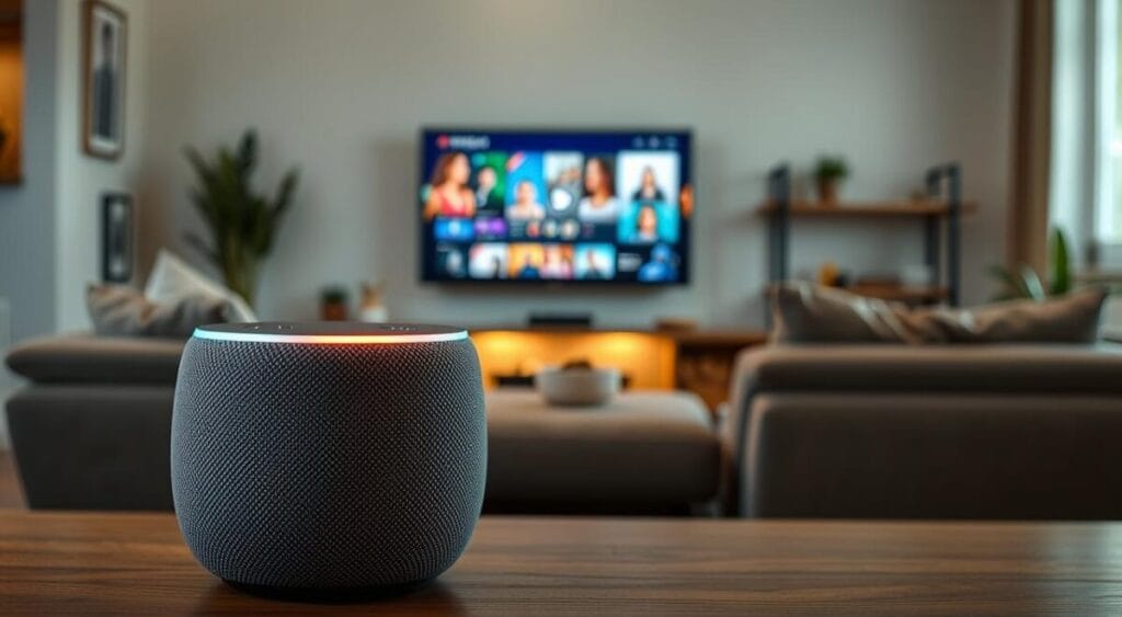 A sleek, modern Amazon Echo device prominently positioned in the foreground, showcasing its round shape and textured fabric surface. The Echo emits a soft, warm glow from its top, highlighting its user-friendly interface. In the middle ground, an elegant flat-screen TV displays vibrant streaming content, with a cozy living room setup featuring comfortable furniture and ambient lighting. The background features subtle hints of a home environment, like plants and shelf decorations, creating a welcoming atmosphere. Natural light filters through a window, enhancing the overall warmth of the scene. The composition should evoke a sense of innovation and comfort in home entertainment, inviting viewers to consider the role of smart speakers in their living spaces.