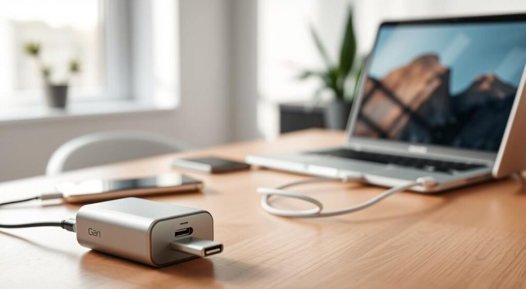 A sleek, modern GaN charger prominently displayed in the foreground, showcasing its compact design and USB-C port. The middle ground features a stylish smartphone and a laptop, both connected to the charger with high-quality cables, emphasizing the efficiency and speed of power delivery. In the background, a minimalist home office environment with soft, diffused natural light filtering through a window, creating a tranquil and professional atmosphere. The scene is captured with a soft focus lens, highlighting the charger as the focal point, while maintaining an aspirational and tech-savvy mood. The overall color palette is clean with whites and soft grays, enhancing the modern technology theme.