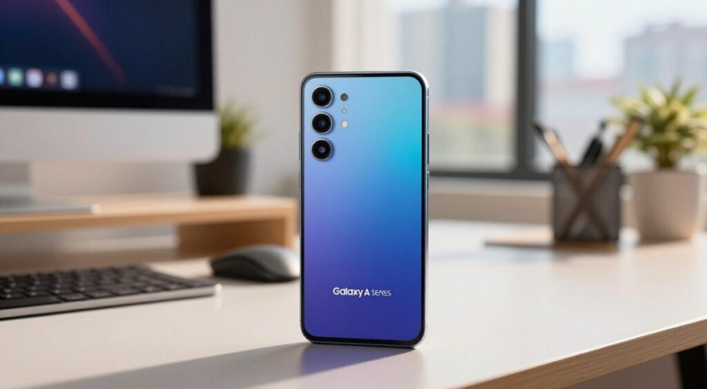 A sleek, modern Samsung Galaxy A smartphone is prominently displayed in the foreground, showcasing its premium design with smooth edges and a vibrant AMOLED screen. The device's colors transition gently from deep blue to silver, reflecting light subtly. In the middle ground, a stylish workspace includes a minimalist desk with tech gadgets and soft lighting that creates a warm, inviting atmosphere. The background features a blurred urban landscape, hinting at innovation and connectivity, with soft bokeh effects enhancing depth. The scene captures a sense of excitement and approachability, emphasizing the blend of style and functionality that defines the Galaxy A series. Natural light streams in from a window, casting gentle shadows and highlighting the smartphone's sleek contours.