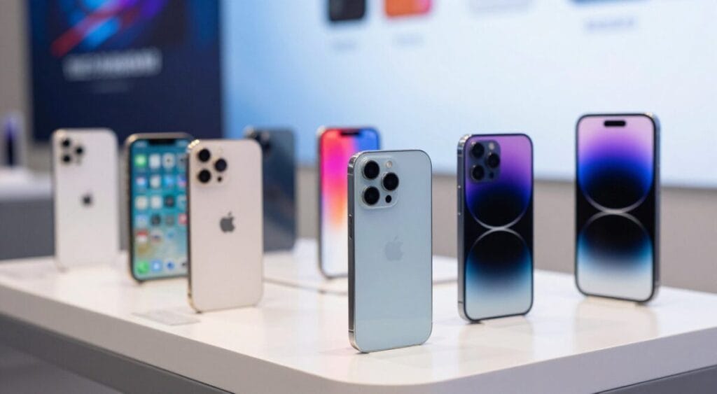 A sleek, modern display showcasing the evolution of iPhones from earlier models to the iPhone 14, arranged chronologically. In the foreground, have the iPhone 13 and 14 standing upright, highlighting their design features, with reflective surfaces catching soft, diffused lighting to create an elegant look. The middle layer should include older models, such as the iPhone 6 and 8, slightly angled to show off their shapes and colors, blending seamlessly into the background. The backdrop should consist of a blurred tech environment, emphasizing innovation, with a subtle gradient of blue and white tones to evoke a futuristic feel. Capture the scene from a slightly elevated angle, creating depth and focusing on the sleek lines of the devices, all while maintaining a professional, sophisticated atmosphere.