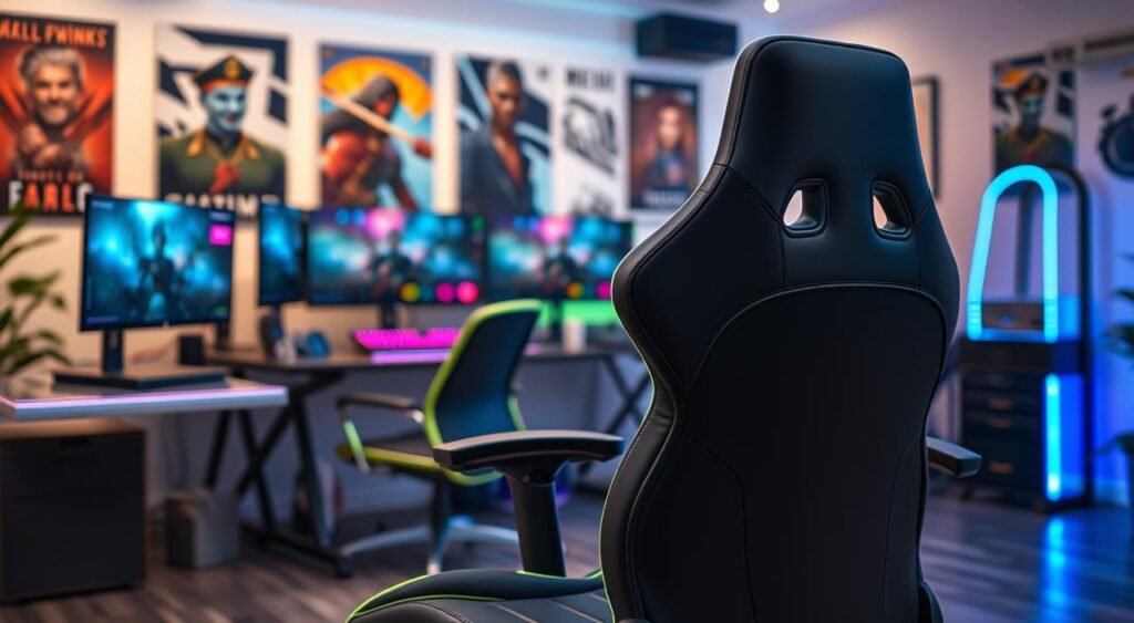 A sleek, modern gamer chair prominently positioned in the foreground, showcasing its ergonomic design with high backrest and adjustable armrests. The chair is upholstered in vibrant colors, such as black with neon green accents, emphasizing a sporty aesthetic. In the middle ground, a stylish desk with a high-end gaming setup featuring dual monitors, a mechanical keyboard, and RGB lighting creates a dynamic workspace atmosphere. The background is softly blurred, revealing a cozy game room with posters of popular video games and ambient lighting, enhancing the gaming vibe. The scene is well-lit with a mix of natural light and LED lighting, creating a lively yet comfortable mood. Capture the angle slightly from above, highlighting the chair's contours and inviting presence.