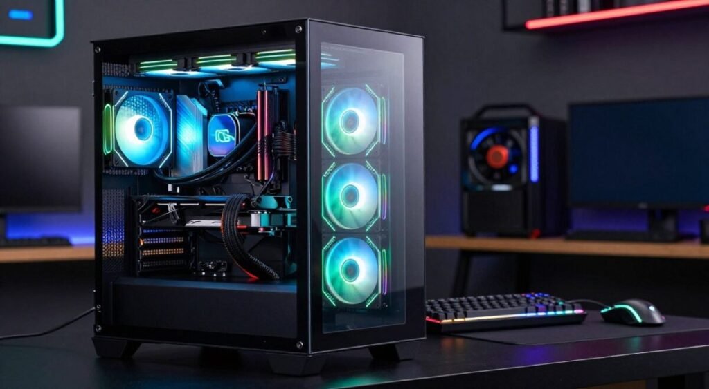A sleek, modern gaming PC case positioned prominently in the foreground, showcasing its transparent tempered glass side panels revealing a well-organized interior with RGB-lit components. The case features multiple cooling fans, radiating cool blue and green hues, ensuring an impressive airflow setup. In the middle ground, various gaming peripherals like a mechanical keyboard and a high-DPI mouse with vibrant LED accents are neatly arranged. The background consists of a stylish, dark setup with ambient lighting highlighting the gaming atmosphere, creating a captivating focal point. The scene is brightly lit for clarity, with a slight depth of field to emphasize the cabinet’s design and components, generating a sense of sophistication and efficiency.