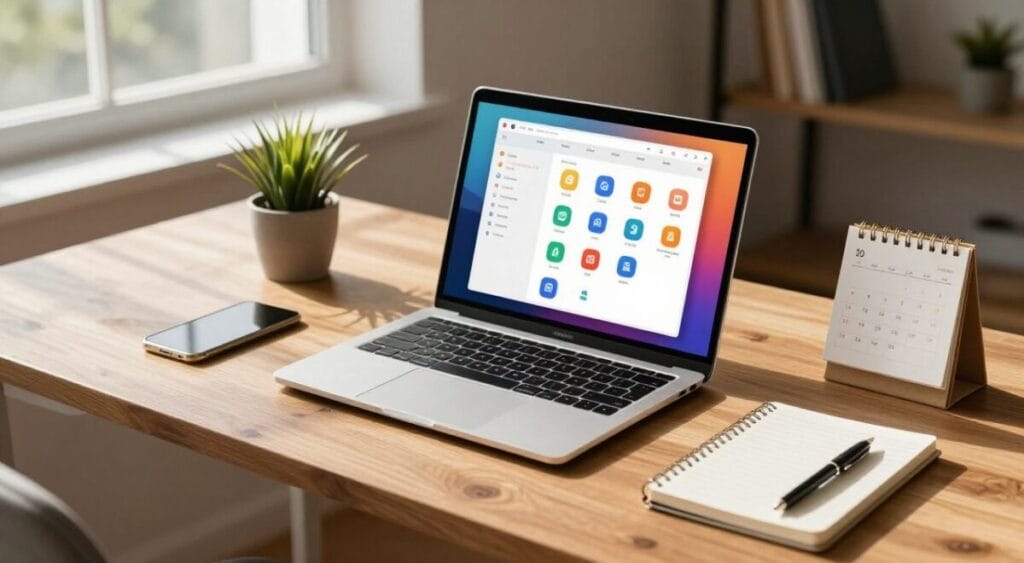 A sleek, modern laptop sits open on a stylish wooden desk in a contemporary home office, with a warm, inviting atmosphere. The laptop screen displays a vibrant productivity app, with an array of colorful icons. Surrounding the laptop are essential work-from-home tools: a small potted plant, a digital calendar, and a high-quality notebook and pen. In the background, soft natural light streams through a large window, casting gentle shadows that create a cozy yet professional mood. The scene emphasizes the themes of durability and long battery life, featuring a workspace that reflects productivity and comfort. The angle is slightly elevated, providing a clear view of the desk's organization, inviting viewers into the remote work environment. A sleek, modern laptop sits open on a stylish wooden desk in a contemporary home office, with a warm, inviting atmosphere. The laptop screen displays a vibrant productivity app, with an array of colorful icons. Surrounding the laptop are essential work-from-home tools: a small potted plant, a digital calendar, and a high-quality notebook and pen. In the background, soft natural light streams through a large window, casting gentle shadows that create a cozy yet professional mood. The scene emphasizes the themes of durability and long battery life, featuring a workspace that reflects productivity and comfort. The angle is slightly elevated, providing a clear view of the desk's organization, inviting viewers into the remote work environment.