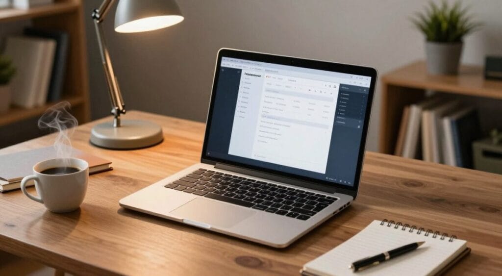 A sleek modern laptop sits open on a stylish wooden desk, surrounded by organized office supplies and a stylish desk lamp casting soft warm light. In the background, a cozy home office features a bookshelf filled with neatly arranged books and a potted plant adding a touch of greenery. The focus is on the laptop, displaying a well-structured digital workspace, while the foreground includes a steaming cup of coffee and a notepad with a pen, symbolizing productivity. The atmosphere is inviting and professional, suggesting an ideal setup for efficient work. The image is captured from a slightly above angle to emphasize the laptop and surrounding elements, creating a sense of depth and focus on productivity advantages using technology. A sleek modern laptop sits open on a stylish wooden desk, surrounded by organized office supplies and a stylish desk lamp casting soft warm light. In the background, a cozy home office features a bookshelf filled with neatly arranged books and a potted plant adding a touch of greenery. The focus is on the laptop, displaying a well-structured digital workspace, while the foreground includes a steaming cup of coffee and a notepad with a pen, symbolizing productivity. The atmosphere is inviting and professional, suggesting an ideal setup for efficient work. The image is captured from a slightly above angle to emphasize the laptop and surrounding elements, creating a sense of depth and focus on productivity advantages using technology.