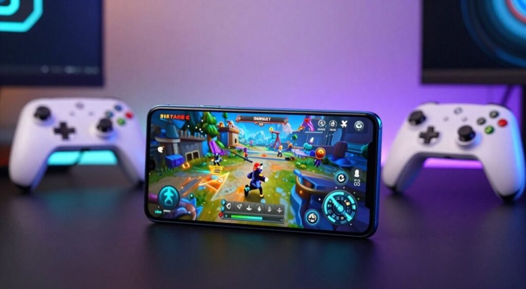 A sleek, modern smartphone designed for gaming prominently displayed in the foreground, showcasing its vibrant screen filled with colorful gaming graphics. The device features a high-refresh-rate display and a powerful processor emblem highlighted. In the middle ground, engaging elements like gaming accessories and a glowing game controller create a dynamic atmosphere. The background features an ambient room setting with soft, multi-colored LED lights illuminating the scene, enhancing the focus on the smartphone. The composition captures the essence of innovation and excitement in mobile gaming, conveying a futuristic vibe. Use a shallow depth of field to keep the phone in sharp focus while softly blurring the background, creating a sense of immersion and emphasizing the gaming experience.