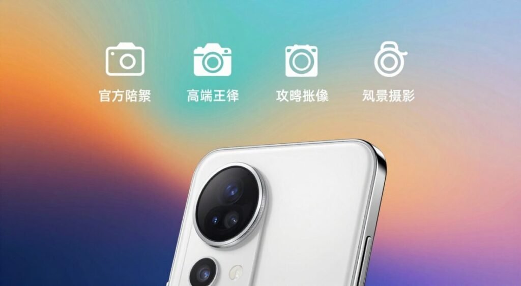 A sleek, modern smartphone is displayed prominently in the foreground, showcasing its high-quality camera lens and multiple rear sensors, emphasizing the technical features. The middle ground features icons representing various camera specifications like megapixels, aperture, and image stabilization. In the background, a soft-focus gradient highlights vibrant colors, suggesting the dynamic range and capabilities of smartphone photography. The lighting is soft and diffused, creating a professional and inviting atmosphere. Angles are slightly tilted to convey a sense of modernity and sophistication. The overall mood exudes innovation and excitement, appealing to tech-savvy consumers exploring smartphone options. The composition is clean and uncluttered, ensuring the focus remains on the smartphone and its features.